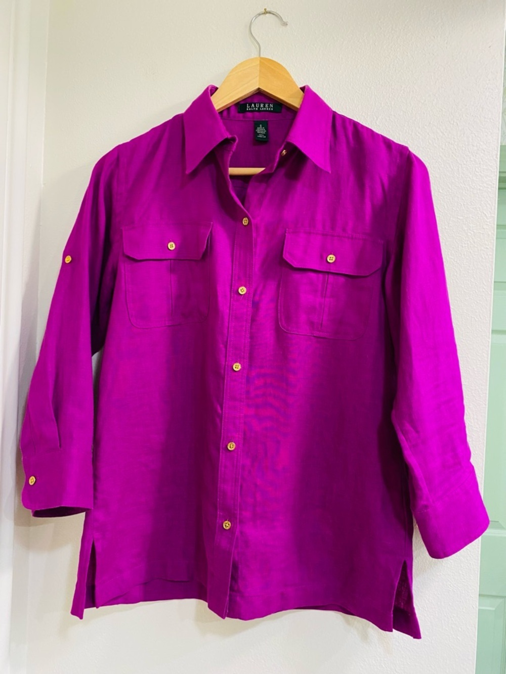 Vintage Lauren Ralph Lauren Fuchsia Button-Front Blouse with Gold Buttons Small